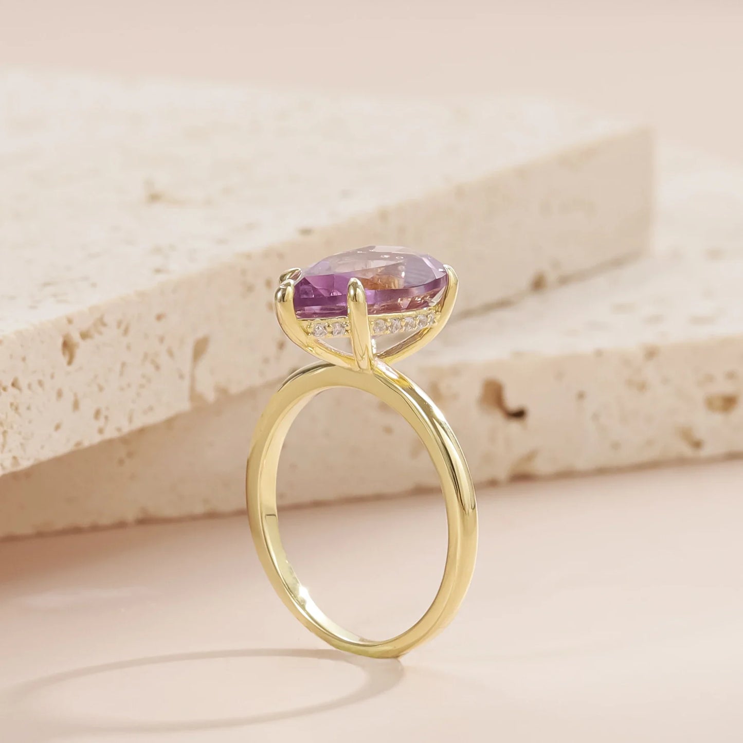 Gold amethyst ring with a large teardrop amethyst stone birthstone ring solitaire engagement ring