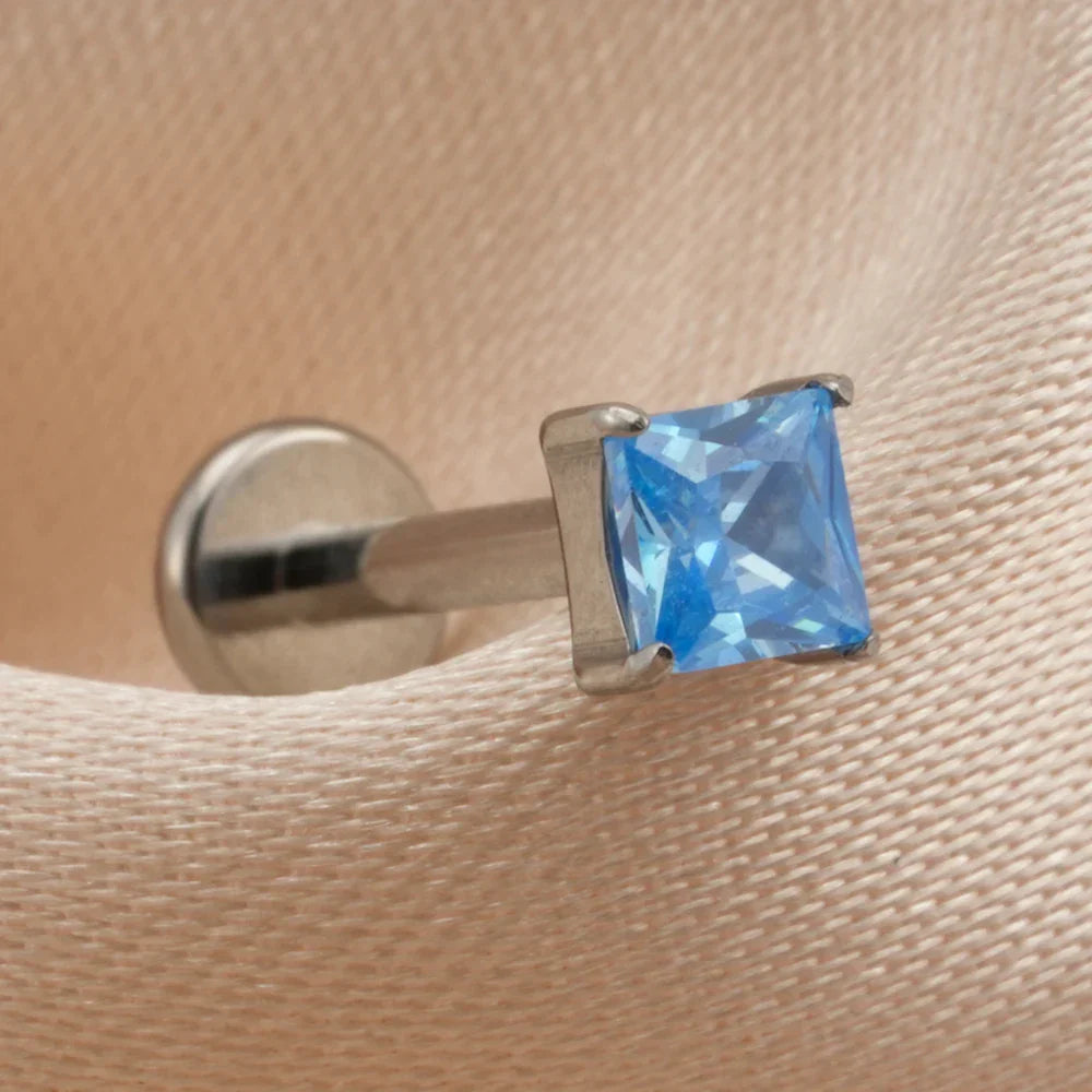 Pink diamond stud earring blue green purple clear square diamond earring titanium 16G flat back