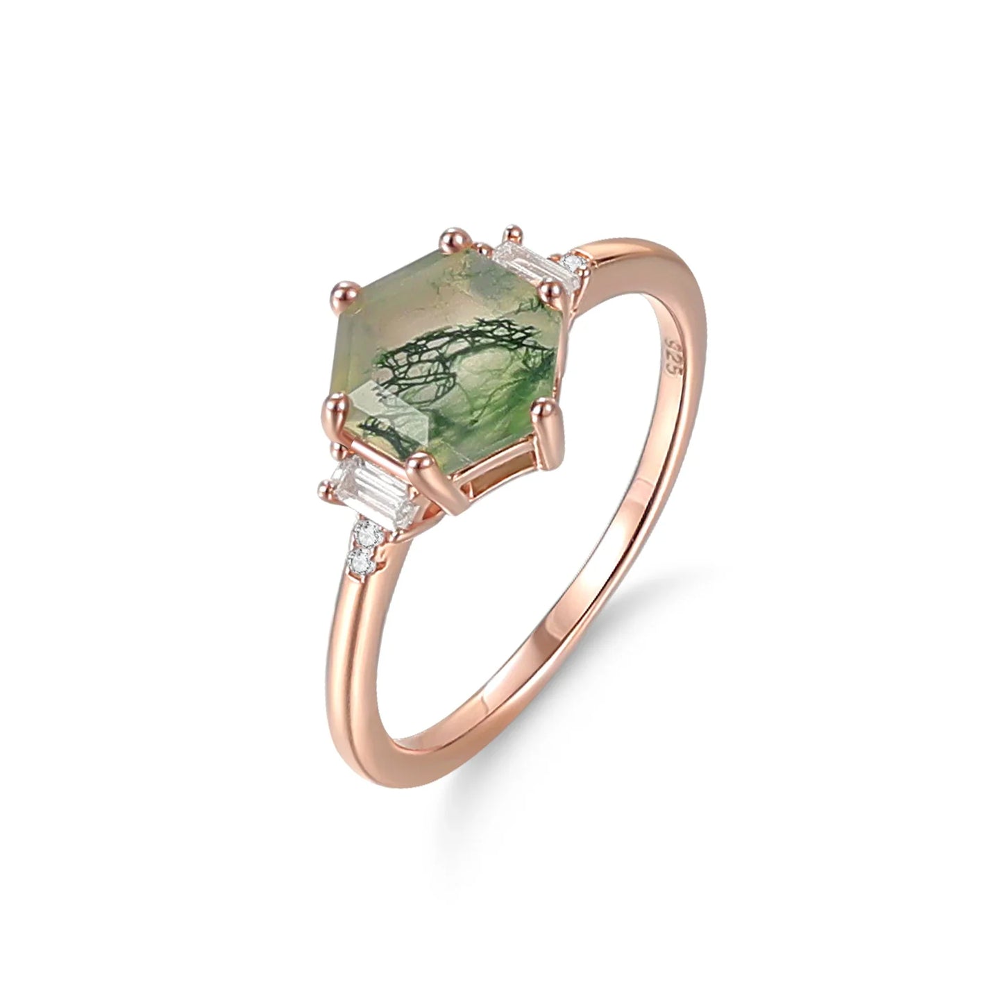 Moss agate ring with a hexagon moss agate rose gold women's moss agate ring