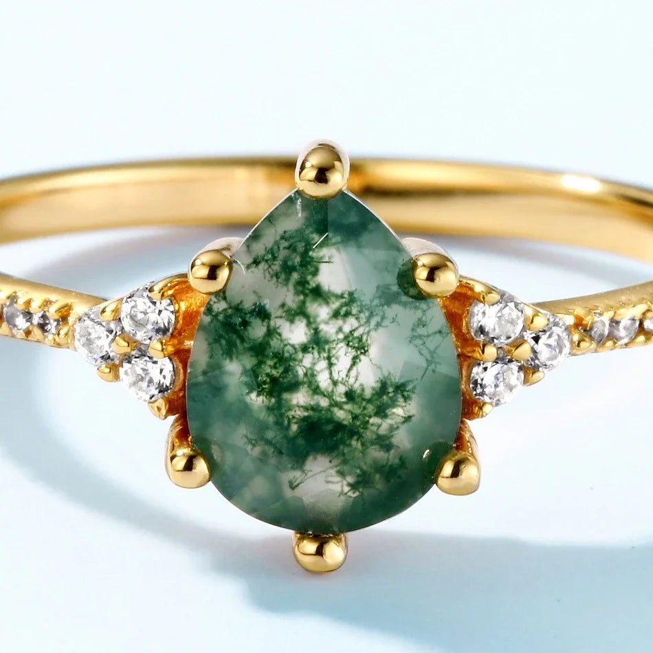 Moss agate gold ring natural moss agate crystal ring sterling silver ring