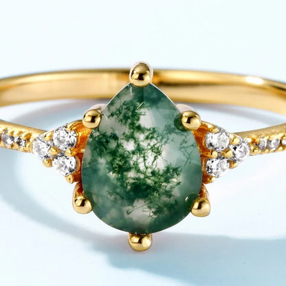 Moss agate gold ring natural moss agate crystal ring sterling silver ring