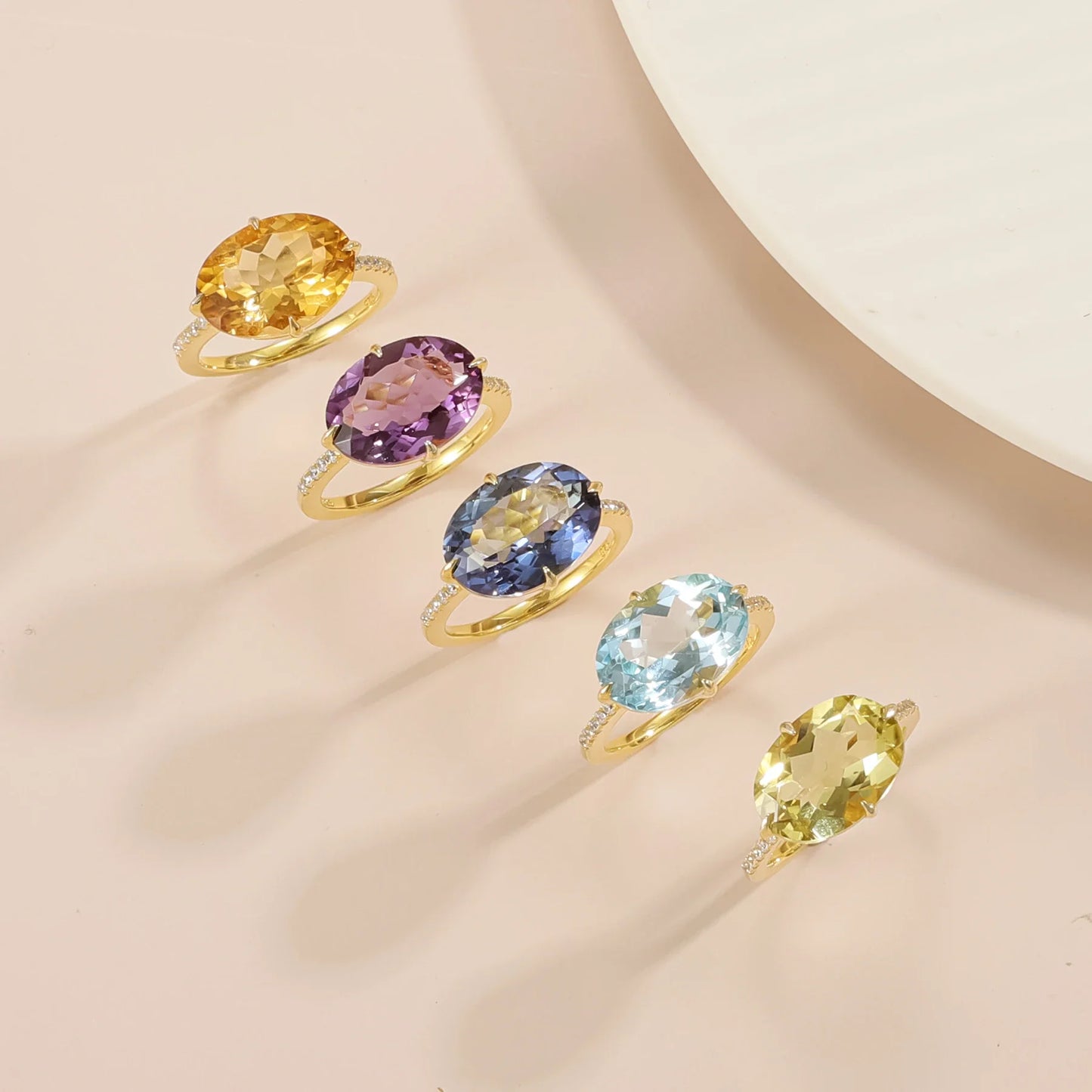 Cocktail rings with large oval gemstones amethyst topaz citrine lemon quartz mystic quartz