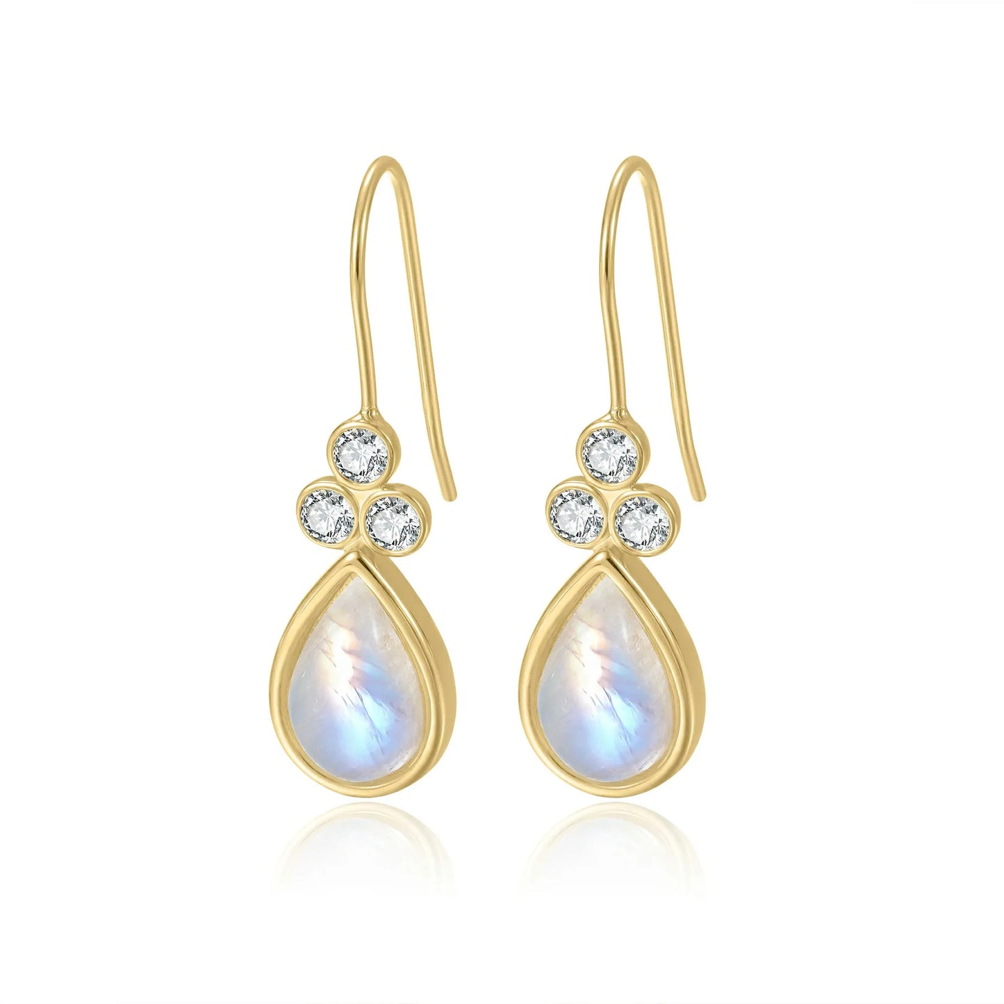 Gold moonstone earrings with teardrop moonstones and three clear diamond cz stones