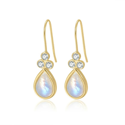 Gold moonstone earrings with teardrop moonstones and three clear diamond cz stones