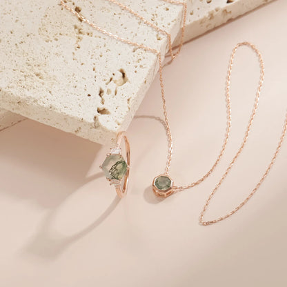 Moss agate necklace rose gold tiny and dainty in a hexagon shape