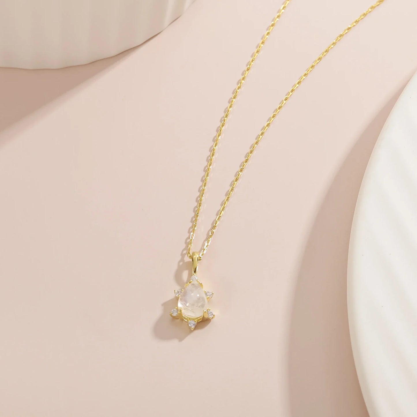 Moonstone pendant necklace teardrop with diamond cz stones mama necklace