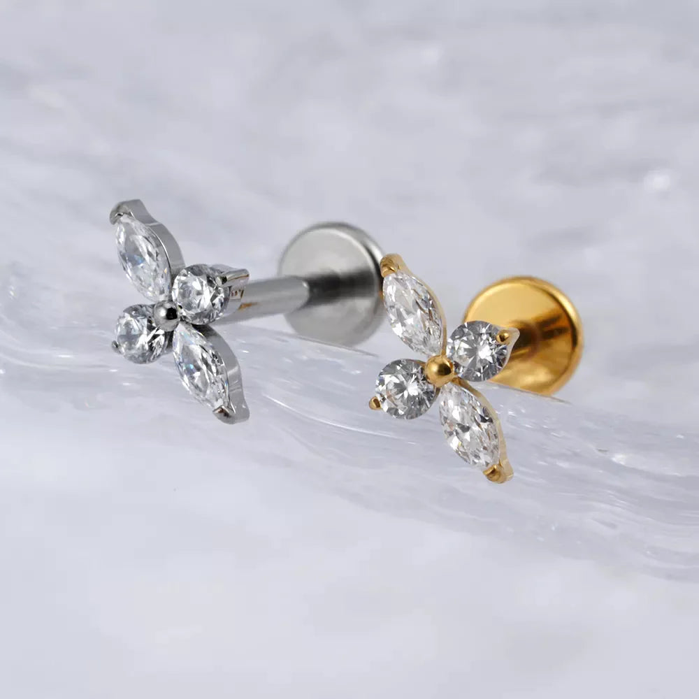 Titanium flat back stud with CZ stones gold silver 16G stud earring nose stud