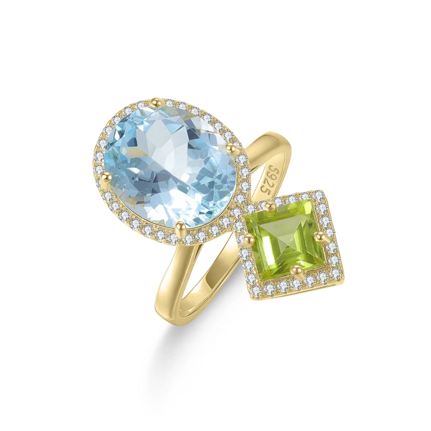 Blue topaz and peridot ring with two large gemstones unique engagement ring