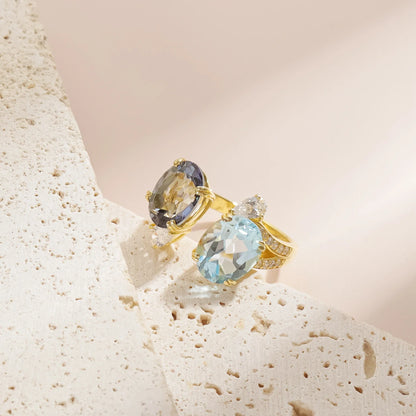 Toi et moi ring you and me ring with blue topaz and mystic quartz unique anniversary ring