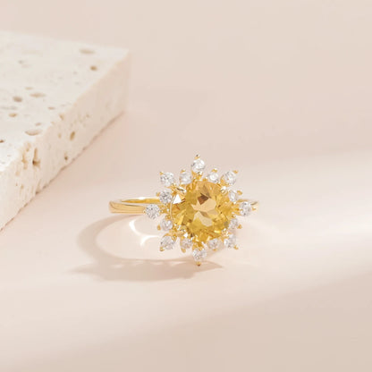 Gold citrine ring with a large yellow citrine and cz citrine cocktail ring engagement ring cluster ring