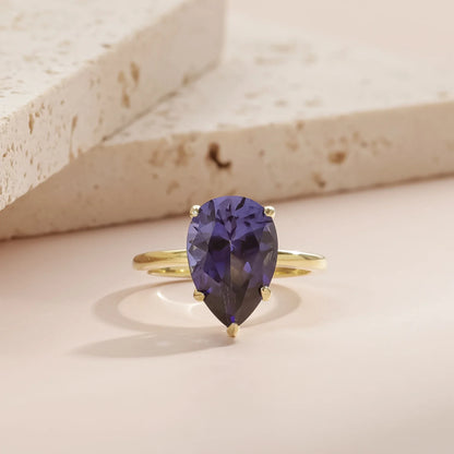 Gold amethyst ring with a large teardrop amethyst stone birthstone ring solitaire engagement ring