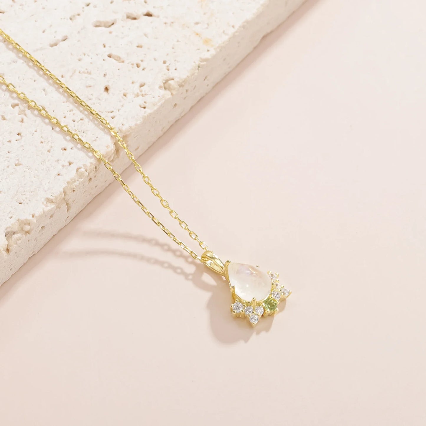 Antique-style moonstone necklace with a green cz stone statement necklace