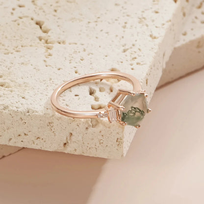 Moss agate ring with a hexagon moss agate rose gold women's moss agate ring