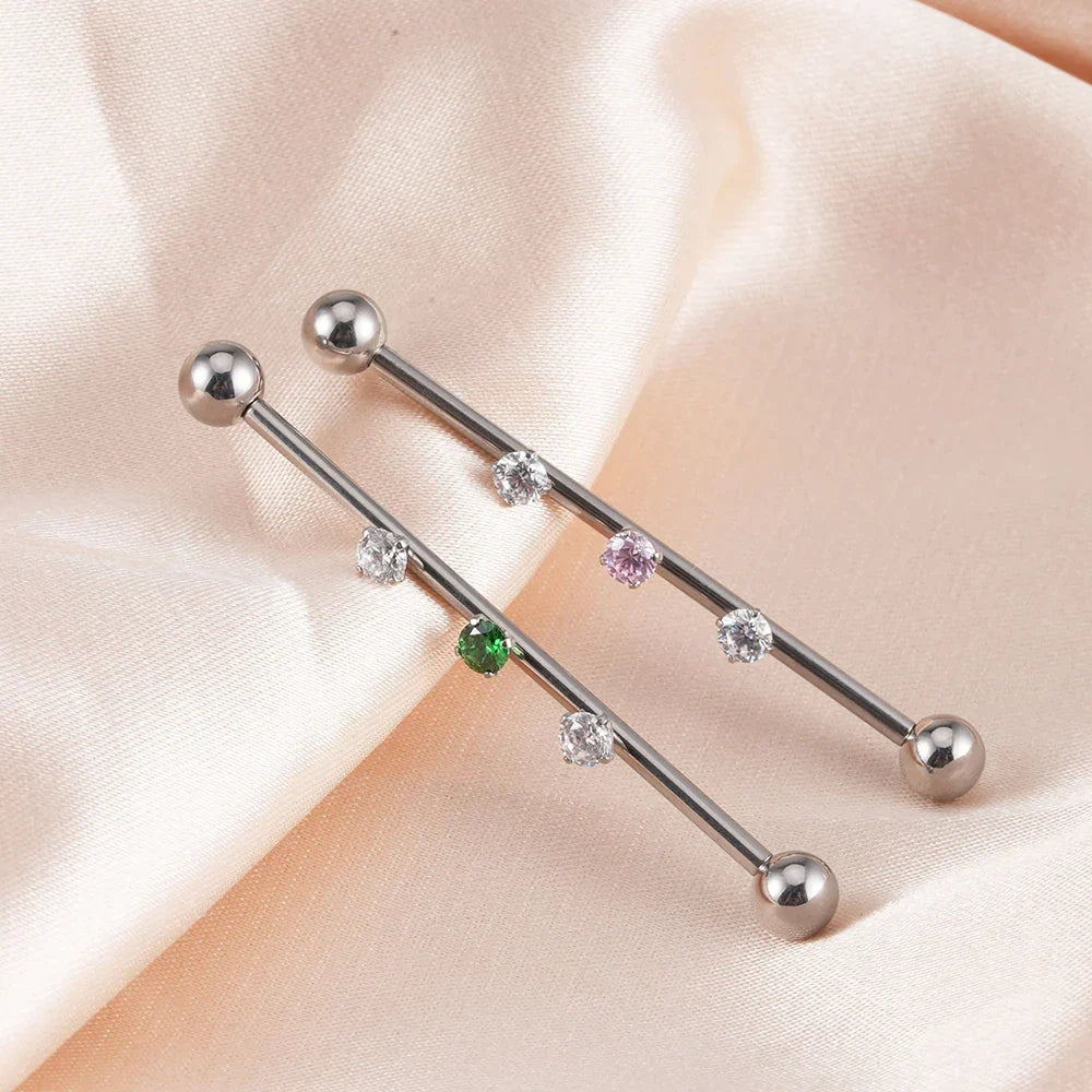 Cute industrial piercing titanium 14G feminine industrial barbell piercing silver with cz 36mm 38mm