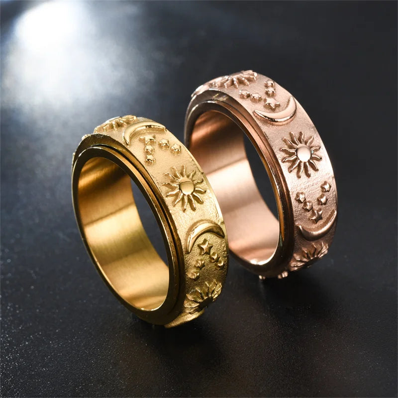Black fidget ring black stainless steel spinner ring sun moon star
