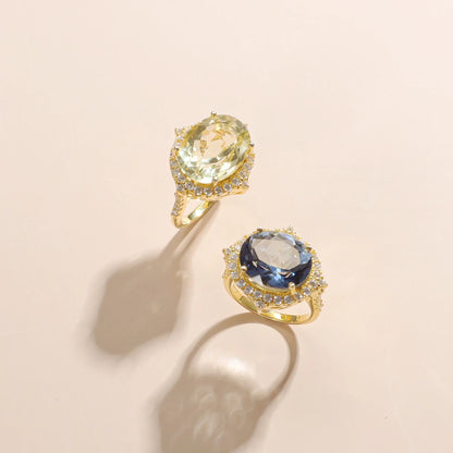 Lemon citrine ring engagement ring with a large yellow citrine and clear cz cocktail ring