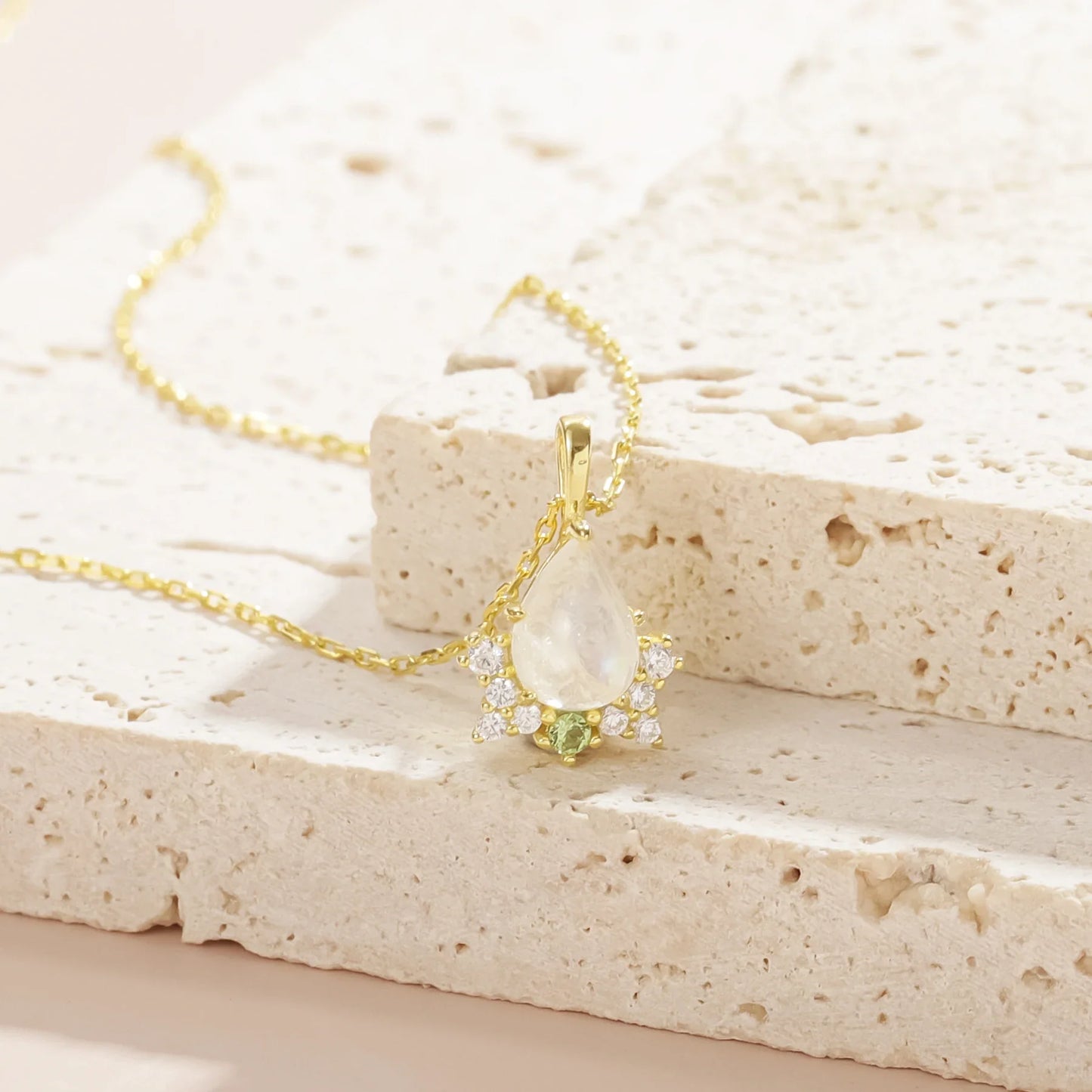 Antique-style moonstone necklace with a green cz stone statement necklace