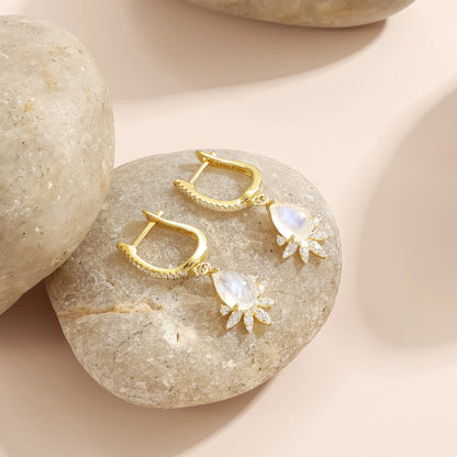 Moonstone hoop earrings with clear diamond cz stones moonstone dangle earrings
