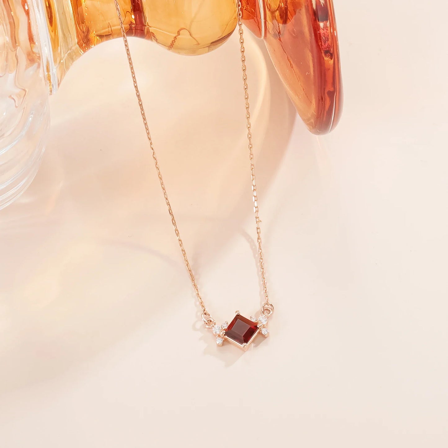 Garnet birthstone necklace with a square red garnet gemstone cute necklace