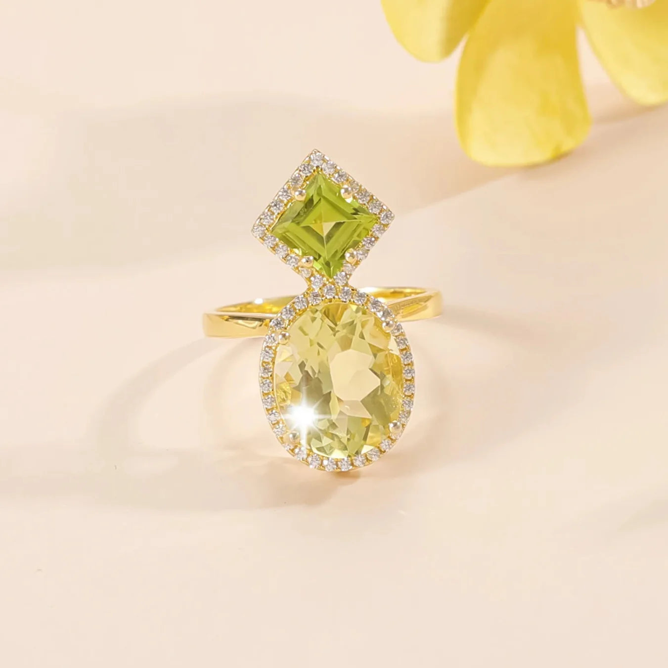 Lemon citrine engagement ring with green peridot and clear cz cocktail ring two stone ring