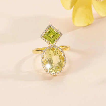Lemon citrine engagement ring with green peridot and clear cz cocktail ring two stone ring