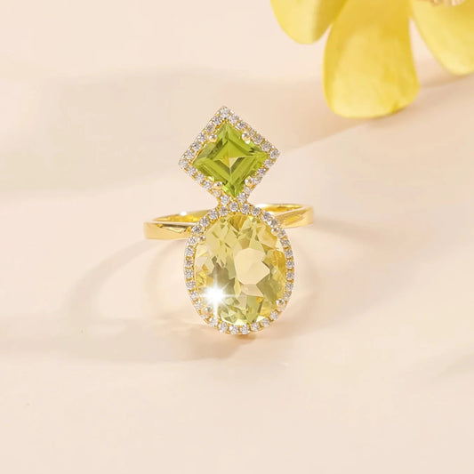 Lemon citrine engagement ring with green peridot and clear cz cocktail ring two stone ring