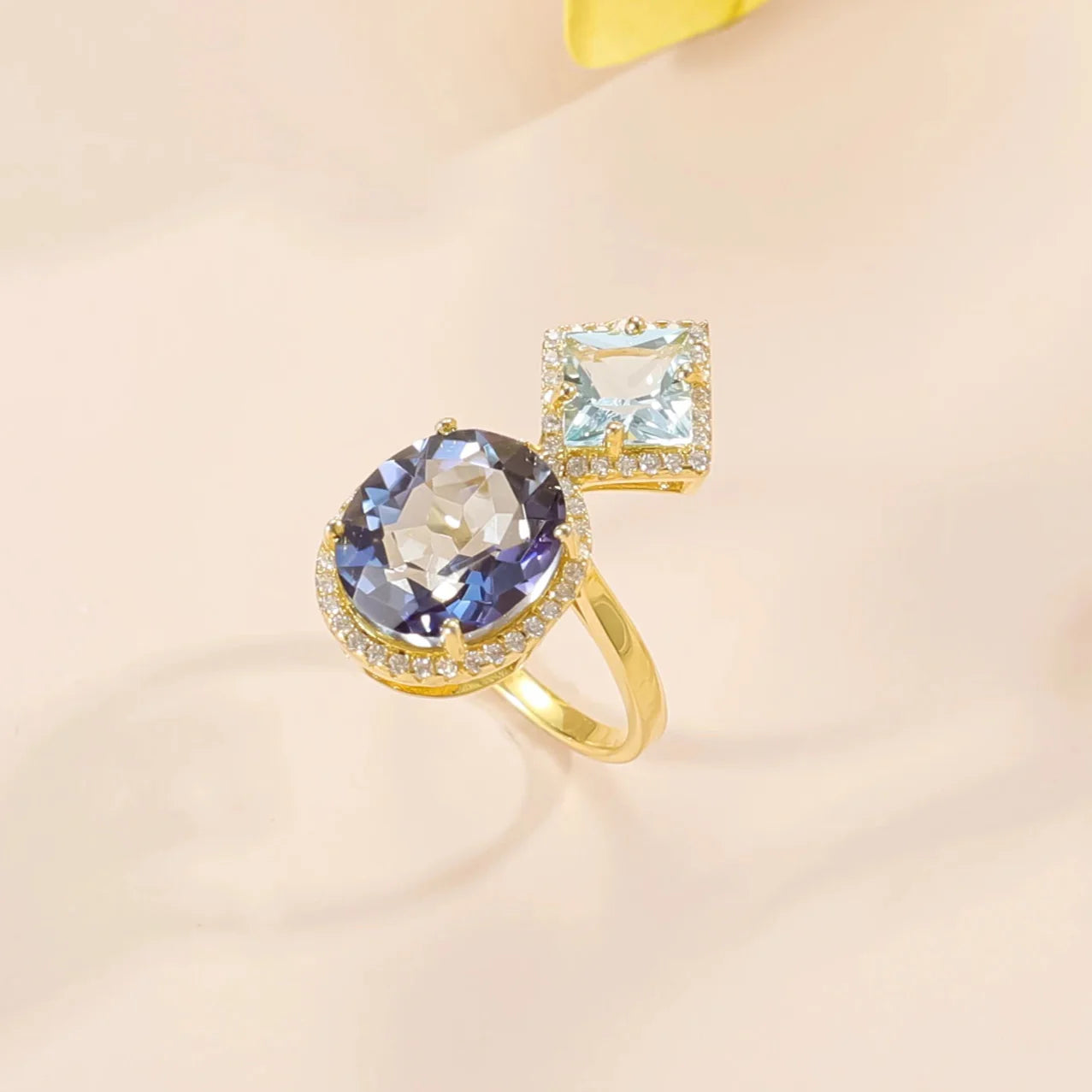 Blue mystic quartz ring with blue topaz two stone engagement ring