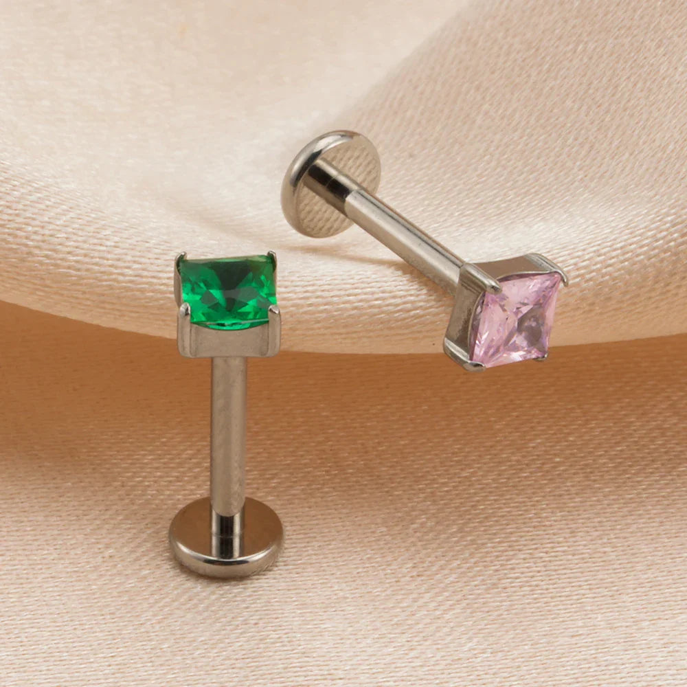 Pink diamond stud earring blue green purple clear square diamond earring titanium 16G flat back