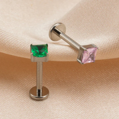 Pink diamond stud earring blue green purple clear square diamond earring titanium 16G flat back