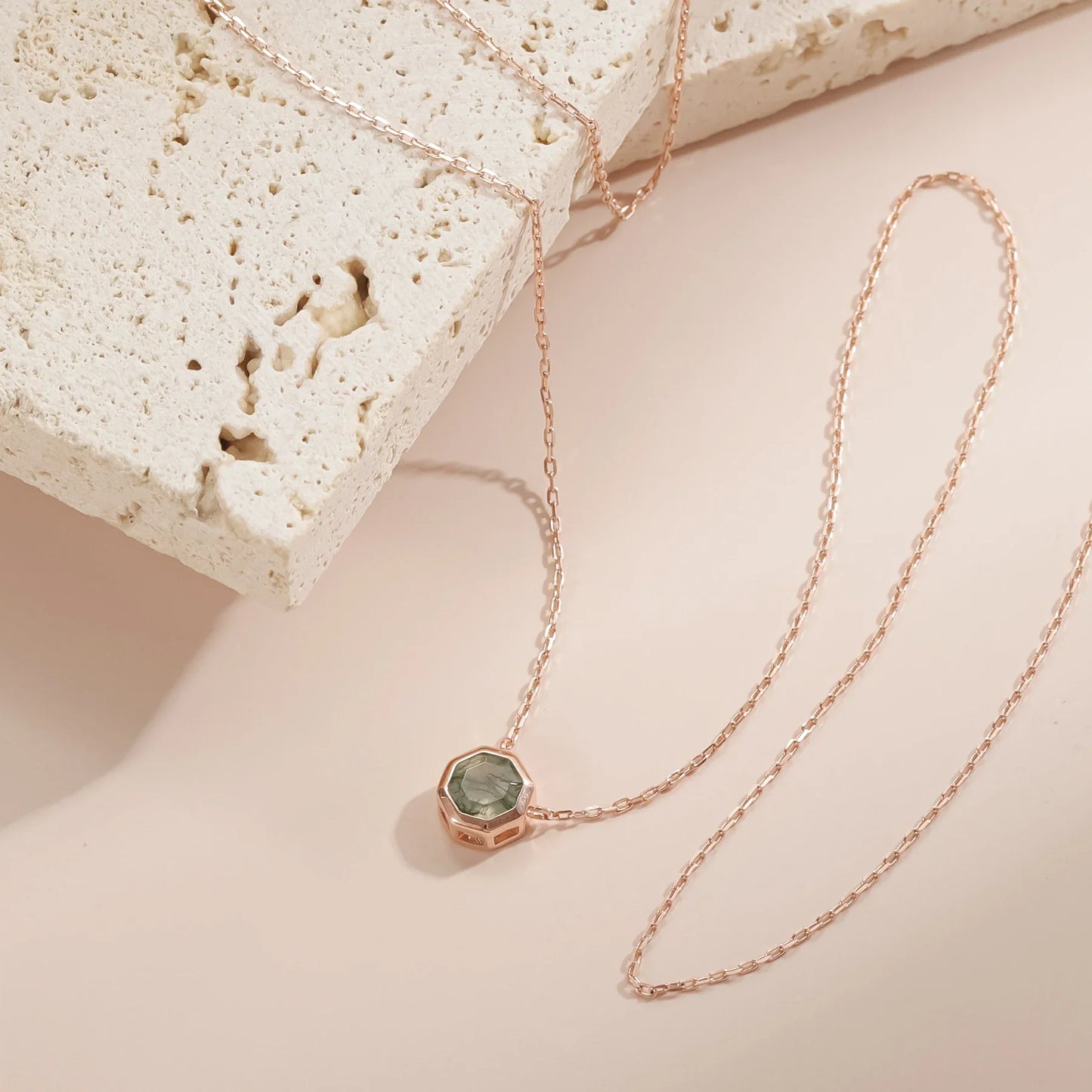 Moss agate necklace rose gold tiny and dainty in a hexagon shape