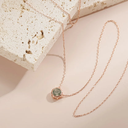 Moss agate necklace rose gold tiny and dainty in a hexagon shape