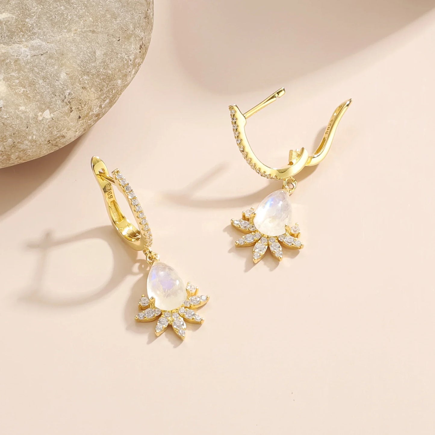 Moonstone hoop earrings with clear diamond cz stones moonstone dangle earrings