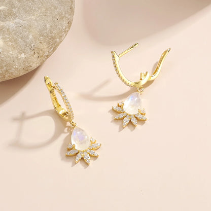 Moonstone hoop earrings with clear diamond cz stones moonstone dangle earrings