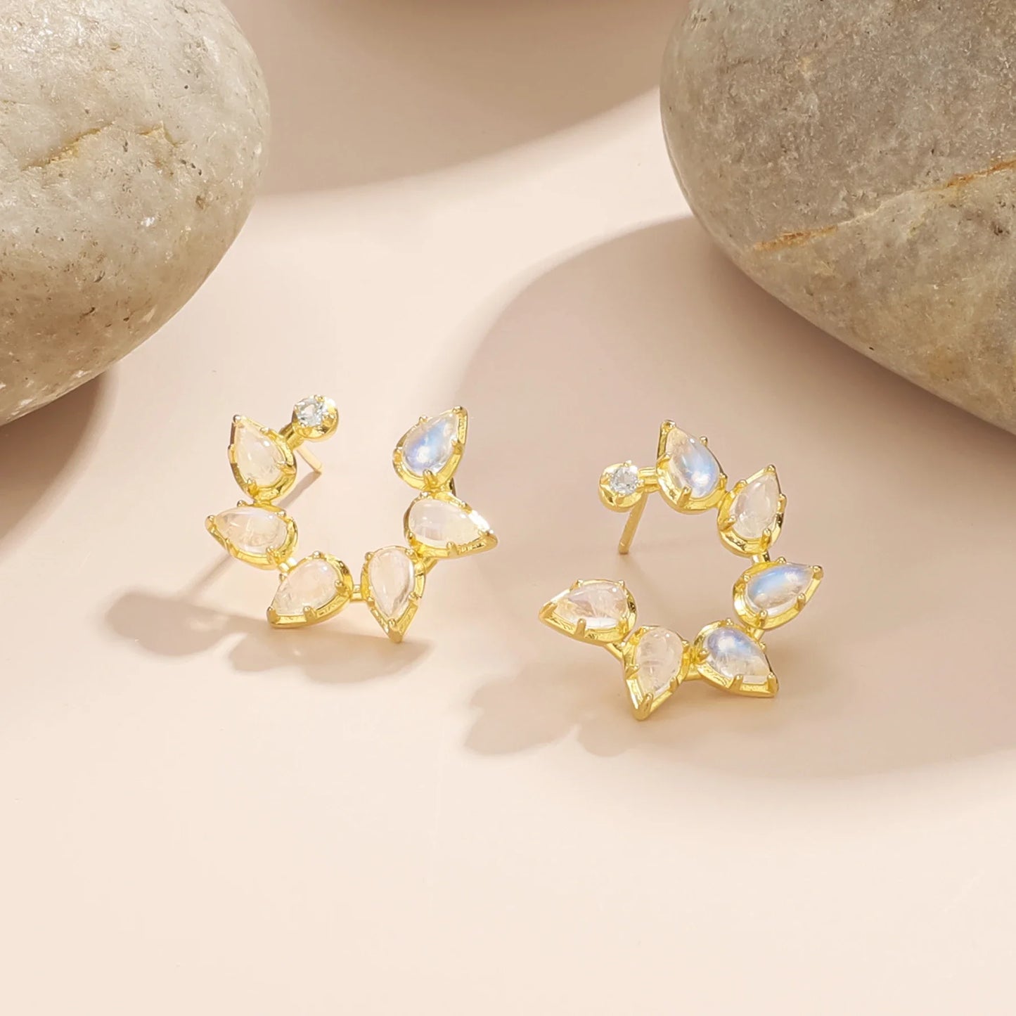 Cluster stud earrings with natural moonstones and blue topaz bridal cluster earrings