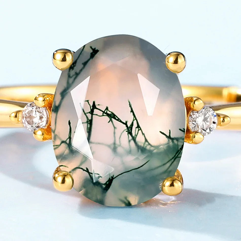 Oval moss agate engagement ring gold and silver with CZ stones green moss agate