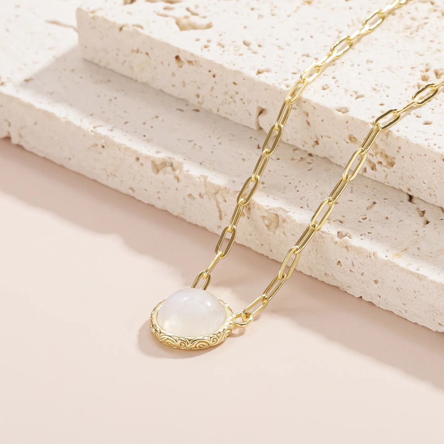 Moonstone gem necklace with a thick paperclip chain sterling silver necklace 45cm