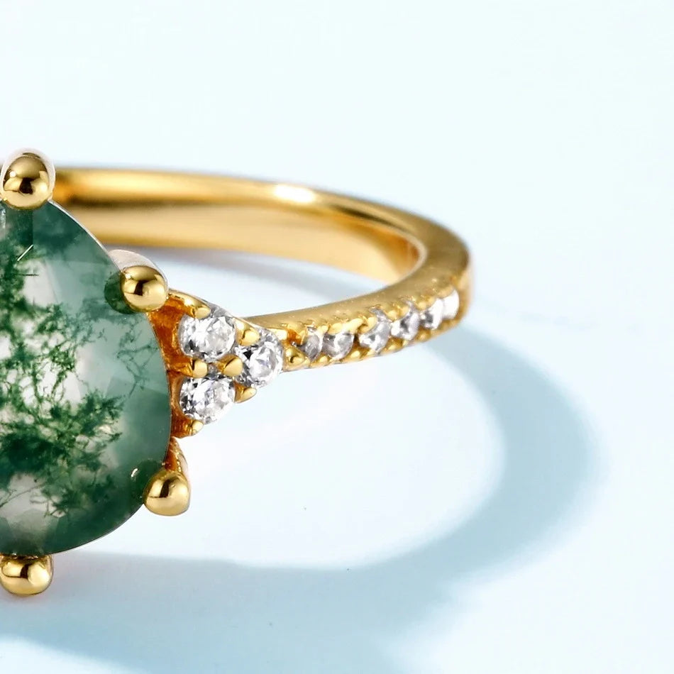 Moss agate gold ring natural moss agate crystal ring sterling silver ring