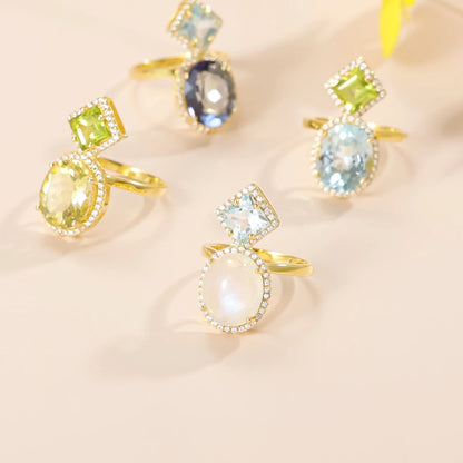 Moonstone and blue topaz ring with large gemstones crystal ring two stone ring cute ring