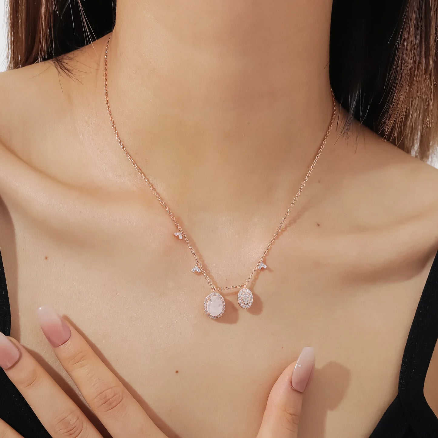 Rose gold moonstone necklace with multiple pendants women's necklace