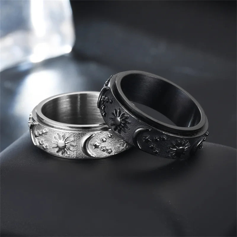 Black fidget ring black stainless steel spinner ring sun moon star