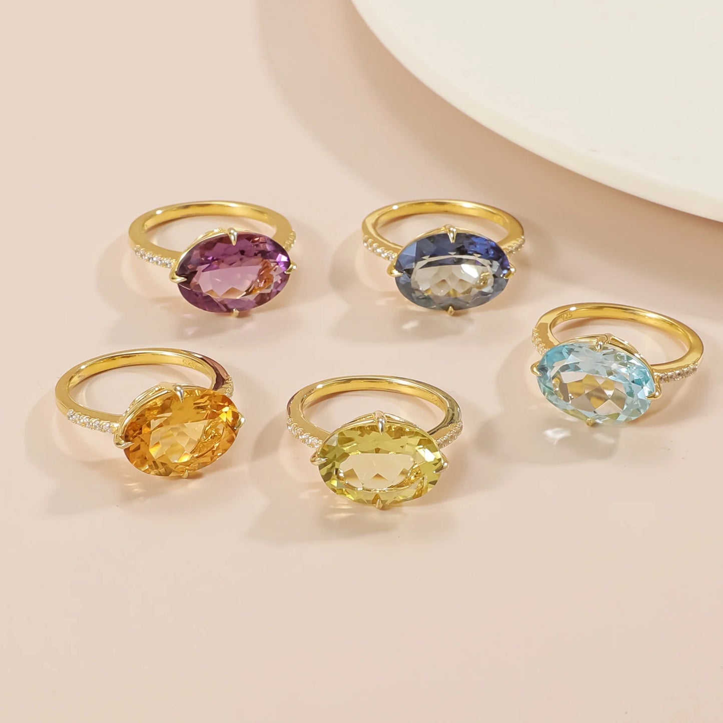 Cocktail rings with large oval gemstones amethyst topaz citrine lemon quartz mystic quartz