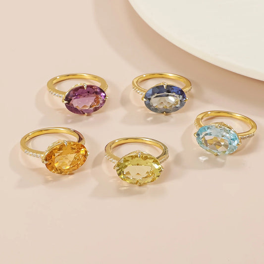 Cocktail rings with large oval gemstones amethyst topaz citrine lemon quartz mystic quartz