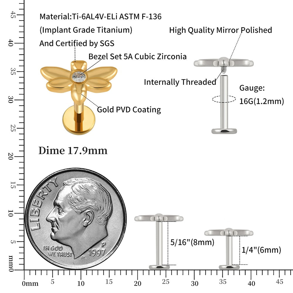 Stud helix piercing with a dragonfly and CZ titanium 16G