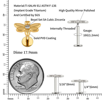 Stud helix piercing with a dragonfly and CZ titanium 16G