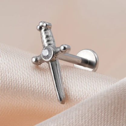 Dagger earring stud with a cz stone titanium gold and silver labret piercing 16G internally threaded sword ear stud