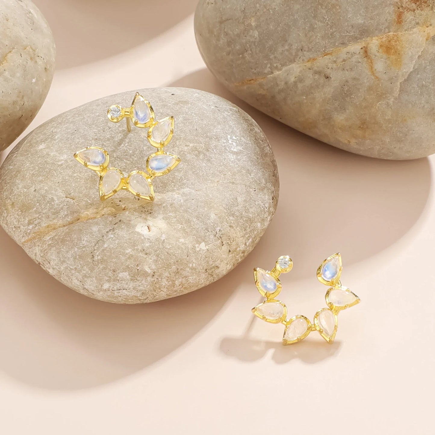 Cluster stud earrings with natural moonstones and blue topaz bridal cluster earrings