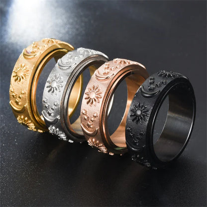 Black fidget ring black stainless steel spinner ring sun moon star
