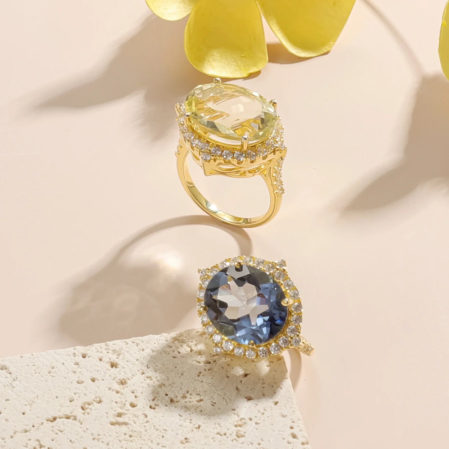 Lemon citrine ring engagement ring with a large yellow citrine and clear cz cocktail ring