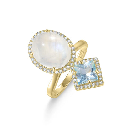 Moonstone and blue topaz ring with large gemstones crystal ring two stone ring cute ring