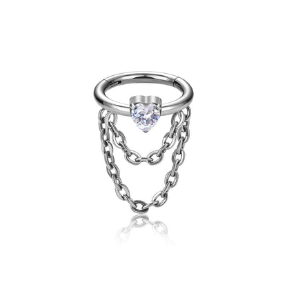 Conch hoop with chain 16G with a heart CZ stone chain conch earring silver and gold titanium hinged clicker